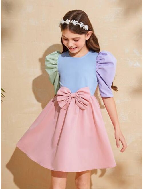 SHEIN Kids CHARMNG Girls Colorblock Puff Sleeve Bow Front Dress