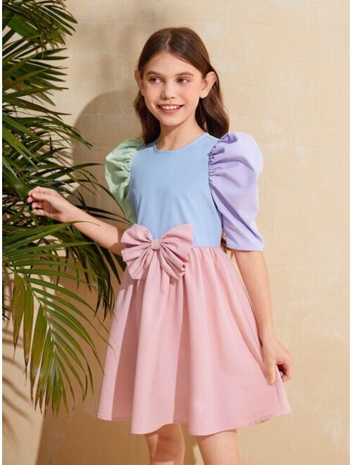 SHEIN Kids CHARMNG Girls Colorblock Puff Sleeve Bow Front Dress