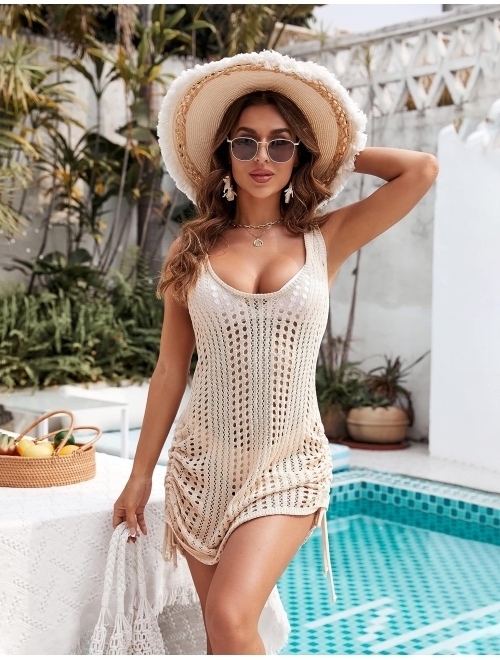 Blooming Jelly Womens Crochet Cover Up Swimsuit Beach Dress Bikini Pool Cover Ups Sexy Cute Drawstring Bathing Suit