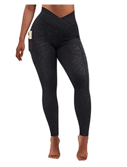 Women Crossover Workout Leggings with Pockets High Waisted Gym Yoga Pants