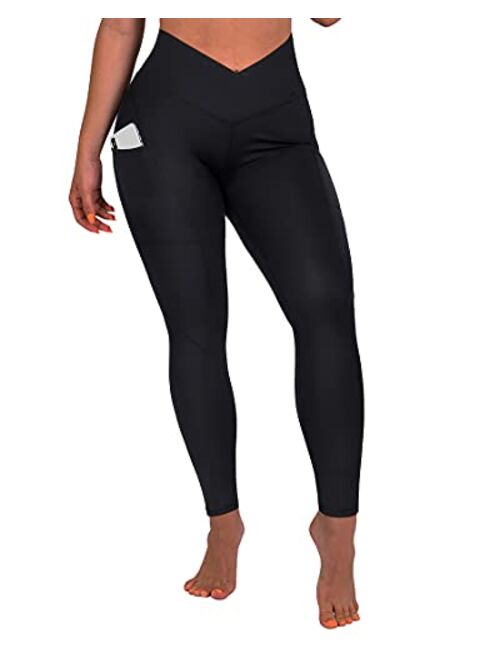 SUUKSESS Women Crossover Workout Leggings with Pockets High Waisted Gym Yoga Pants