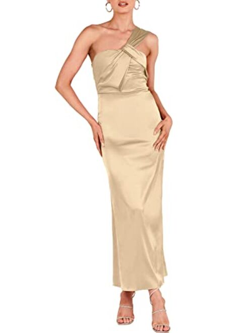 ANRABESS Women's Satin One Shoulder Wedding Guest Bodycon Dress Cocktail Evening Party Maxi Dresses