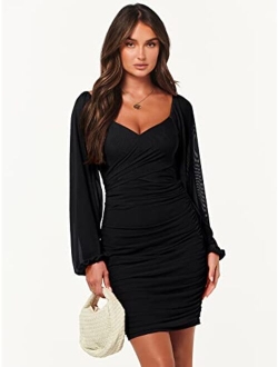 Women's Sexy V Neck Ruched Bodycon Mini Dress Puff Long Sleeve Cocktail Wedding Party Short Dresses