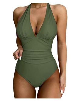 Women Sexy Halter 1 Piece Swimsuit Slimming Tummy Control Bathing Suits