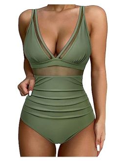 Women Sexy Mesh Tummy Control Swimsuit Push Up High Waisted Bathing Suit