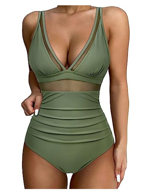 SUUKSESS Women Sexy Mesh Tummy Control Swimsuit Push Up High Waisted Bathing Suit