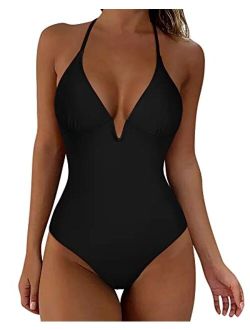 Women Sexy Push Up One Piece Swimsuit V Wire Lace Up Bathing Suit