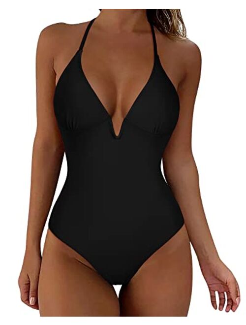 SUUKSESS Women Sexy Push Up One Piece Swimsuit V Wire Lace Up Bathing Suit