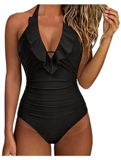 Women Sexy Halter One Piece Swimsuits Ruffle Tummy Control Bathing Suit
