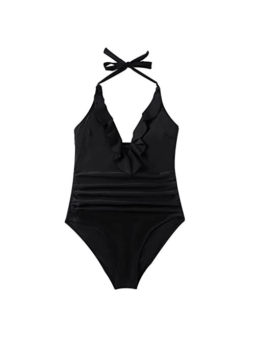 SUUKSESS Women Sexy Halter One Piece Swimsuits Ruffle Tummy Control Bathing Suit