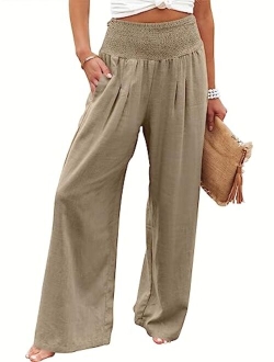 Women Linen Palazzo Pants Summer Boho Wide Leg High Waist Casual Lounge Pant Trousers with Pocket