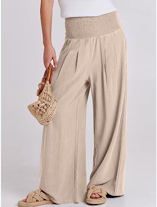 ANRABESS Women Linen Palazzo Pants Summer Boho Wide Leg High Waist Casual Lounge Pant Trousers with Pocket