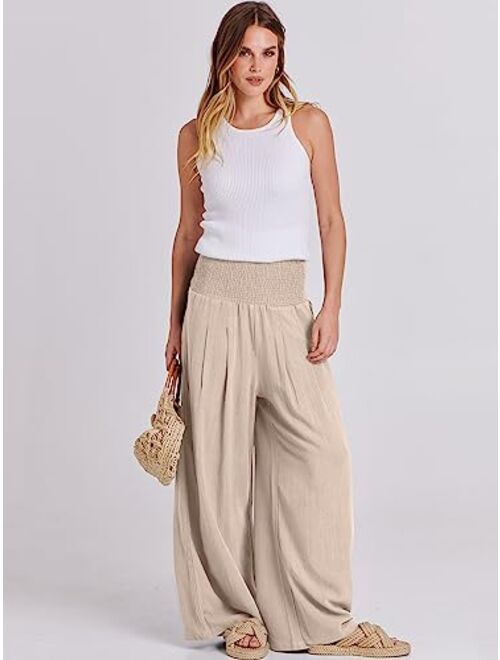 ANRABESS Women Linen Palazzo Pants Summer Boho Wide Leg High Waist Casual Lounge Pant Trousers with Pocket