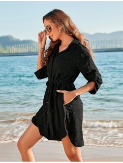 Women's Swimsuit Coverup Beach Bathing Suit Cover Ups Swimwear Button Down Dress Shirt with Pocket
