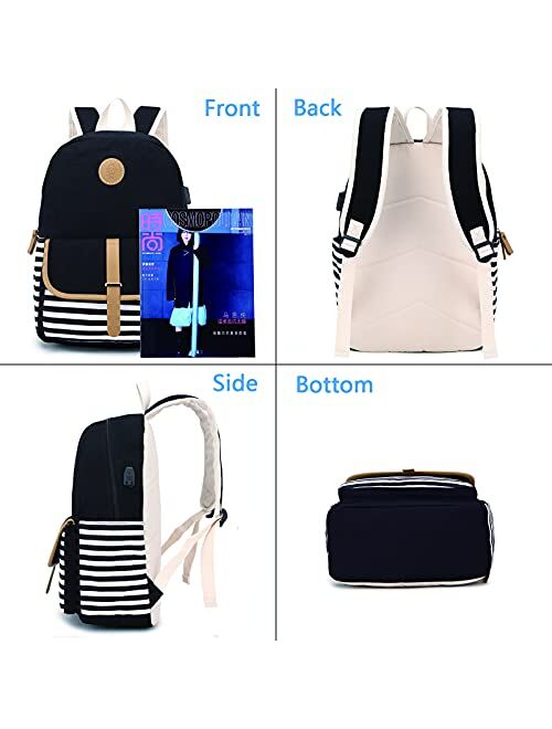 Pawsky School Backpack for Teen Girls/Women, Cute College Bookbag Set Canvas Stripe Backpack with Lunch Bag Pencil Bag, Black
