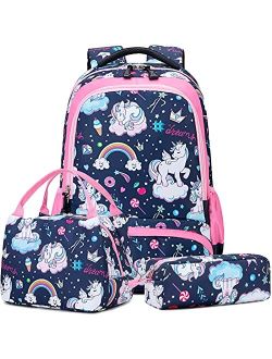 Meisohua School Backpacks Girls Unicorn Backpack with Lunch Bag and Pencil Case Kids 3 in 1 Bookbags School Bag Set