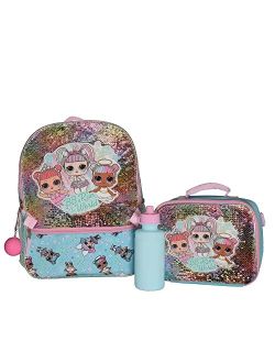 L.O.L. Surprise! LOL Girls 4 Piece Backpack Set, Sequin School Bag with Front Zip Pocket, 2 Side Mesh Pockets, Insulated Lunch Bag, Water Bottle and Squish Ball Dangle, T