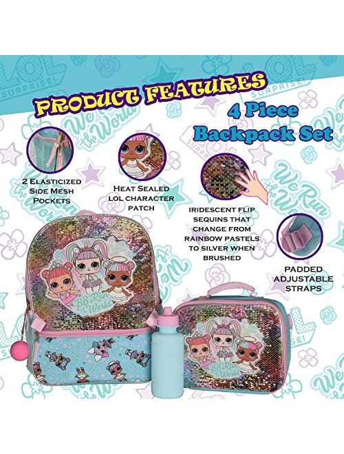 L.O.L. Surprise! LOL Girls 4 Piece Backpack Set, Sequin School Bag with Front Zip Pocket, 2 Side Mesh Pockets, Insulated Lunch Bag, Water Bottle and Squish Ball Dangle, T