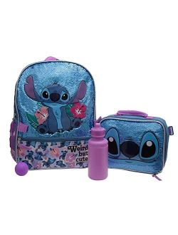 Lilo & Stitch Girls 4 Piece Backpack Set, Flip Sequin 16" School Bag with Front Zip Pocket, Blue