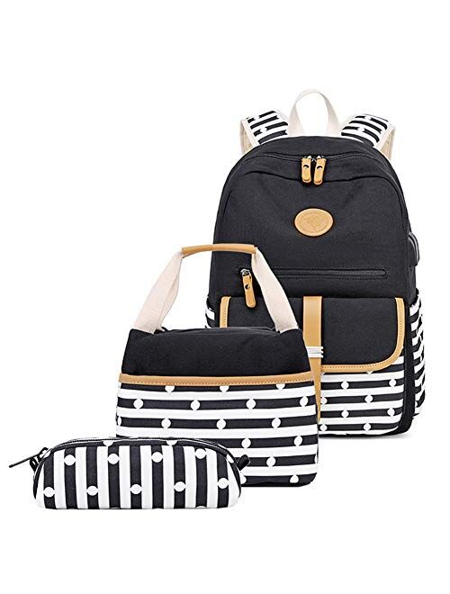 Mitowermi Kids School Bag for Girls Backpacks with Lunch Bag Causal Canvas Bookbag for Teen