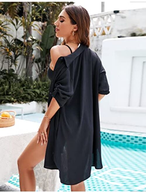 Blooming Jelly Women's Swimsuit Coverup Bathing Suit Swimwear Swim Cover Ups Beach Button Down Shirt Dress with Pocket