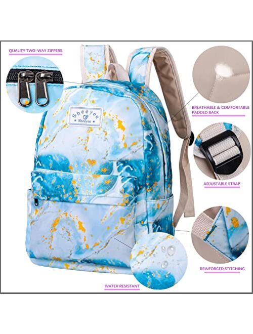 SHEEYEE Teen Girls School Backpack with Matching Lunch Box Pencil Case Marble Bookbag Laptop for Middle School