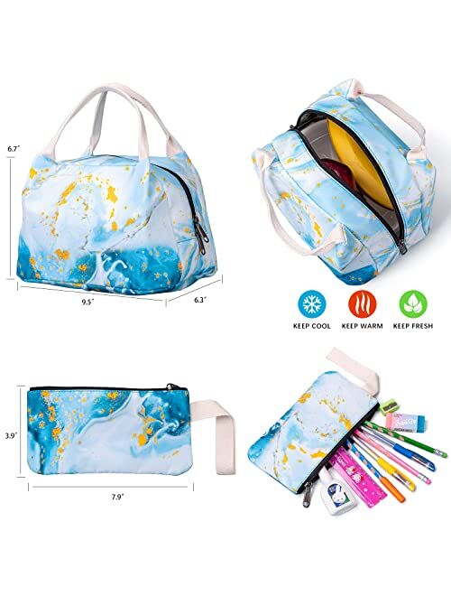 SHEEYEE Teen Girls School Backpack with Matching Lunch Box Pencil Case Marble Bookbag Laptop for Middle School
