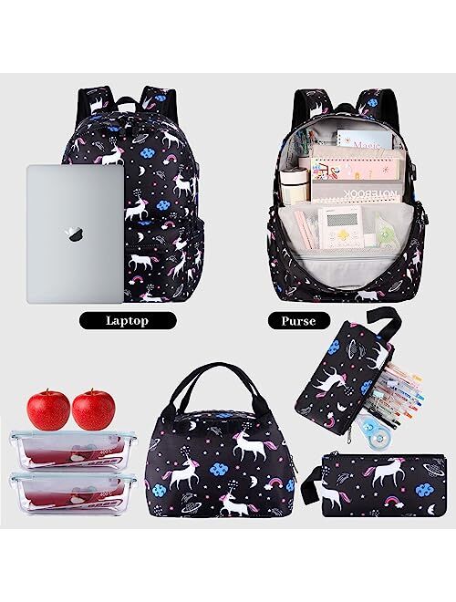 Scione Unicorn School Backpack for Girls Set 3 in 1, Teens Girls Pink Unicorn Bookbag with USB Charging Port Shool Supplies for Girl