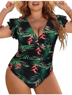 Women's Tummy Control Swimsuit One Piece Full Coverage Plus Size Bathing Suit Retro Ruffle Swimwear