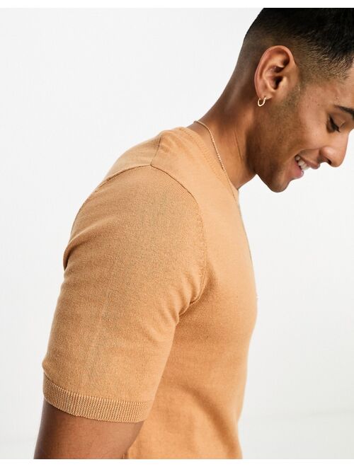 ASOS DESIGN muscle lightweight knit cotton T-shirt in tan