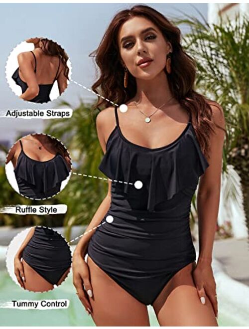 Blooming Jelly Womens One Piece Bathing Suit Tummy Control Swimwear Slimming Ruffle Vintage Swimsuits