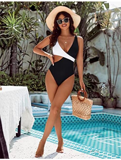 Blooming Jelly Womens One Piece Cutout Swimsuits Sexy High Cut Bathing Suits Cheeky Color Block Monokini