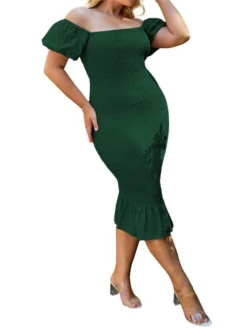 Women's Smocked Bodycon Off Shoulder Puff Short Sleeve Mermaid Dress Ruffle Shirred Party Cocktail Pencil Midi Dress