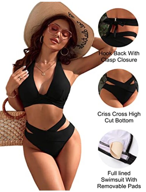 Blooming Jelly Womens High Waisted Bikini Sets Sexy Halter Push Up Two Piece Swimsuit Criss Cross High Cut Bathing Suits
