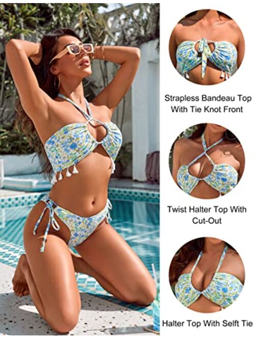Blooming Jelly Women's Floral Bikini Sets Halter Cheeky High Cut Two Piece Swimsuit Sexy String Bandeau Bathing Suit