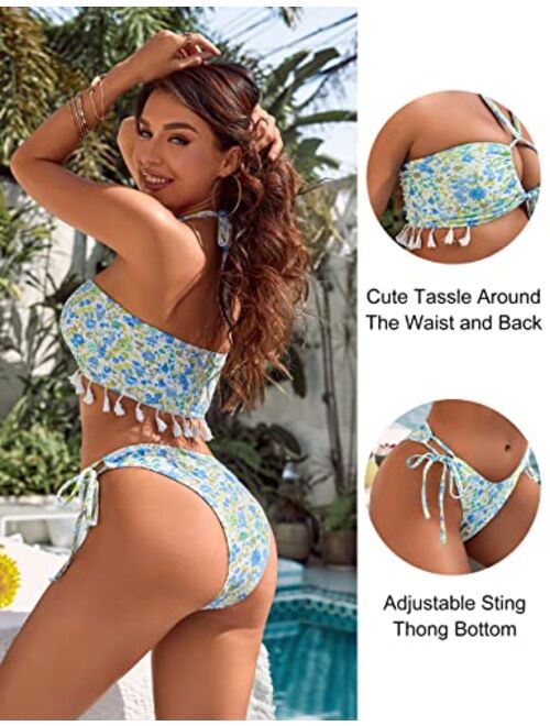 Blooming Jelly Women's Floral Bikini Sets Halter Cheeky High Cut Two Piece Swimsuit Sexy String Bandeau Bathing Suit