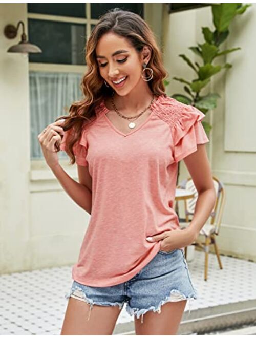 Blooming Jelly Womens Summer Tops Cute V Neck Casual Tops Loose Fit Smocked Ruffle Short Sleeve Spring Shirts