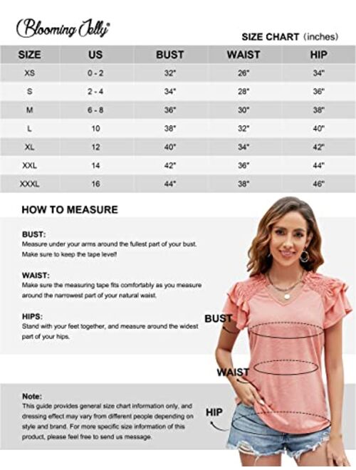 Blooming Jelly Womens Summer Tops Cute V Neck Casual Tops Loose Fit Smocked Ruffle Short Sleeve Spring Shirts