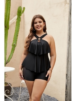 Womens Plus Size Tankini Swimsuits Two Piece Bathing Suits Tummy Control Flounce with Shorts