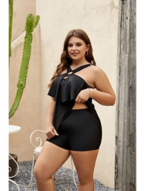 Blooming Jelly Womens Plus Size Tankini Swimsuits Two Piece Bathing Suits Tummy Control Flounce with Shorts