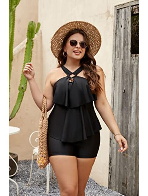 Blooming Jelly Womens Plus Size Tankini Swimsuits Two Piece Bathing Suits Tummy Control Flounce with Shorts