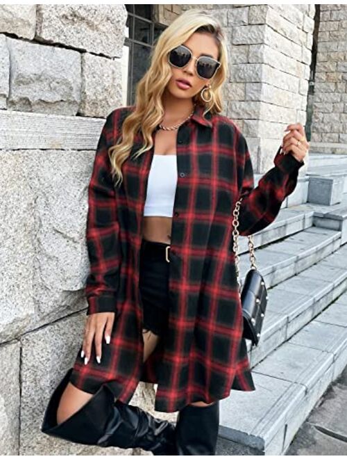 Blooming Jelly Women's Button Down Flannel Shirts Plaid Shacket Long Sleeve Collared Long Jacket Coats