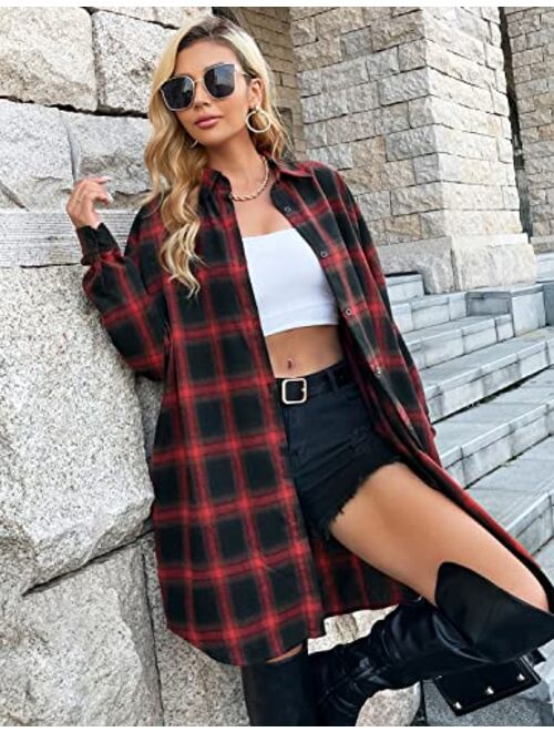 Blooming Jelly Women's Button Down Flannel Shirts Plaid Shacket Long Sleeve Collared Long Jacket Coats