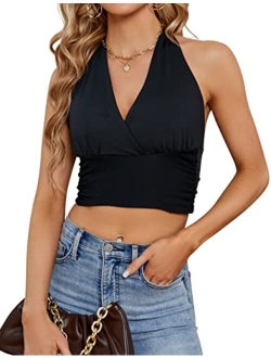 Womens Sexy Tops Going Out Y2k Cute Crop Tops Plunge V Neck Ring Tie Back Ribbed Tank Tops