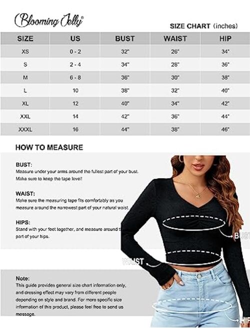 Blooming Jelly Women's Long Sleeve Sexy Crop Top V Neck Basic Shirts Tight Ribbed Knit Fitted Casual T-Shirts