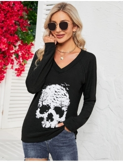 Women's Skull Shirts Skeleton Graphic Tees V Neck T Shirts Long Sleeve Blouses Casual Fall Tunic Tops