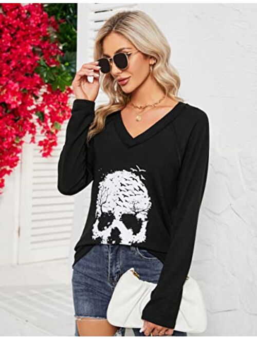 Blooming Jelly Women's Skull Shirts Skeleton Graphic Tees V Neck T Shirts Long Sleeve Blouses Casual Fall Tunic Tops