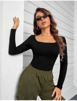 Womens Long Sleeve Crop Tops Going Out Y2K Tee Causal Scoop Neck Ribbed Tshirts