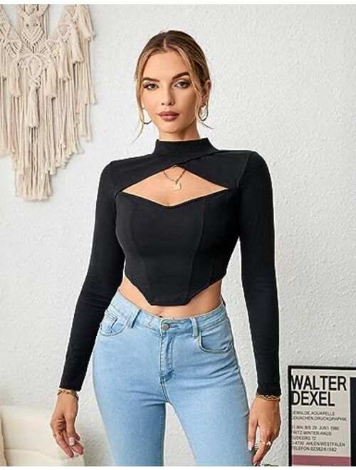 Blooming Jelly Womens Long Sleeve Crop Top Going Out Mock Neck Shirts Sexy Ribbed Cut Out Tshirts 2023