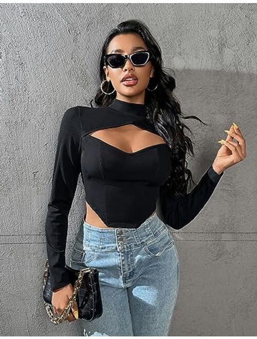 Blooming Jelly Womens Long Sleeve Crop Top Going Out Mock Neck Shirts Sexy Ribbed Cut Out Tshirts 2023